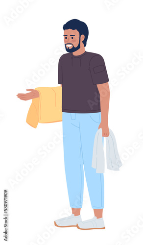 Bearded man holding wet clean towels semi flat color vector character. Editable figure. Full body person on white. Simple cartoon style spot illustration for web graphic design and animation