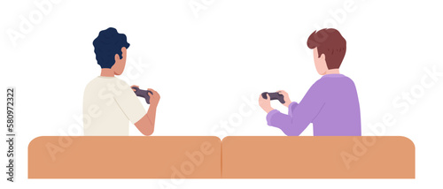 Two male friends with gamepads on couch semi flat color vector characters. Editable figures. Half body people on white. Simple cartoon style spot illustration for web graphic design and animation