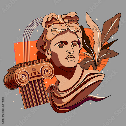 Creative modern classical Sculpture in boho style. Vector Apollo bust and column. Aesthetic contemporary art collage. Boho style poster concept. Urban street style vaporwave. Creative poster