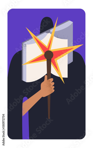 Magician with magic book and wand, magic card. Wizard and secret knowledge. M...