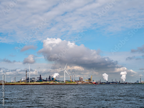 Tata steel industry blast furnaces in harbour of IJmuiden, Netherlands