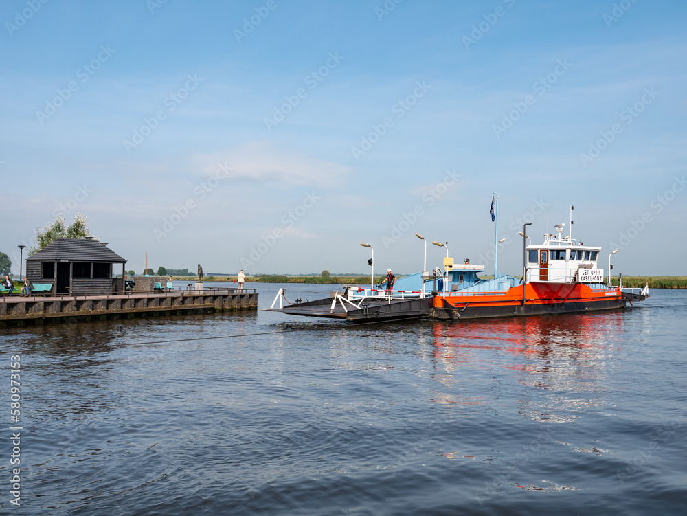 Pontoon ferryboat between Zwartsluis and Genemuiden on Zwarte Water river, Netherlands