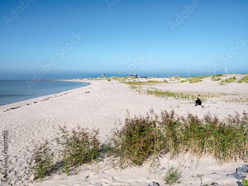 Beach and watchtower on coast of Marker Wadden island in Markermeer lake, Netherlands