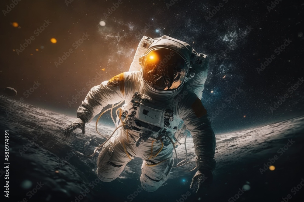 Fototapeta premium Astronaut in outer space. Spaceman with starry and galactic background Generative AI