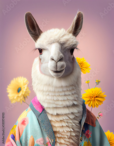 Creative animal Spring concept, domestic animal dressed in spring costume and fresh field flowers. Portrait of a llama on a pastel background. Illustration, Generative AI.