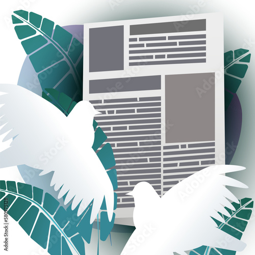 Illustration for World Press Freedom Day. Image of a newspaper and doves on a background of green leaves. Vector illustration.