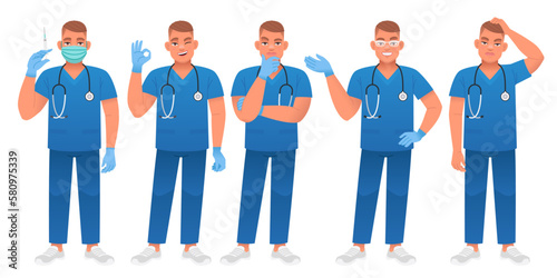 Full-length nurse is a set of characters. The doctor stands with a syringe in his hand in a protective mask, shows the OK gesture, thinks about something, points to something.