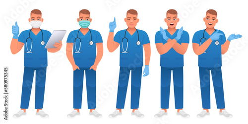 Doctor is standing with a tablet in his hand, pointing at something, forbidding something, wearing a protective mask, a gesture of approval. Man with a stethoscope in a blue medical uniform