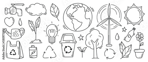 Happy Earth day concept, 22 April, element vector set. Save the earth, globe, recycle symbol in simple drawing doodle style. Eco friendly minimal design for web, banner, campaign, social media post.