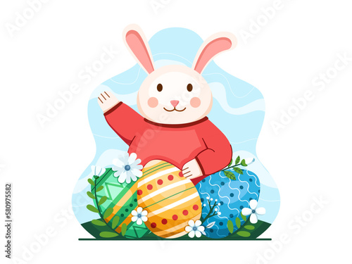 Illustration Cute Easter bunnies and colorful Easter eggs decorated with various patterns and designs. 
Happy easter day greeting card cartoon.
Suitable for postcard, banner, web, print, etc