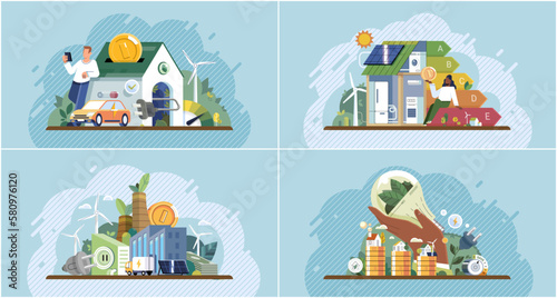 Energy efficiency. Efficient us of energy resources concept icon. Home automation advantages. Using less to provide same level of energy supply to industrial processes. Environmental innovation