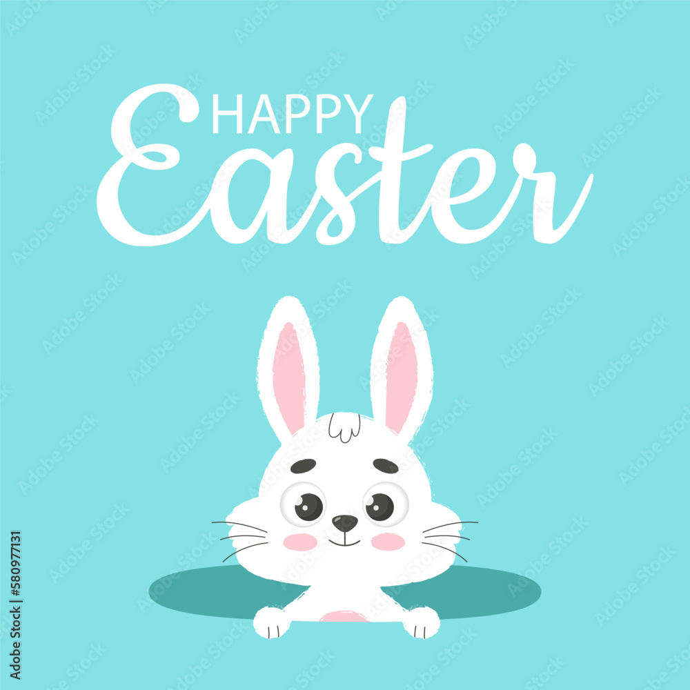 Happy Easter card. White bunny in hole. Square poster with lettering greetings. Trendy vector illustration.