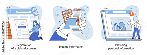 Providing personal information, report your income, claim documents concepts set with person submits reply to inspector. Employer form, earnings statement documents, Tax filing inspector and taxpayer