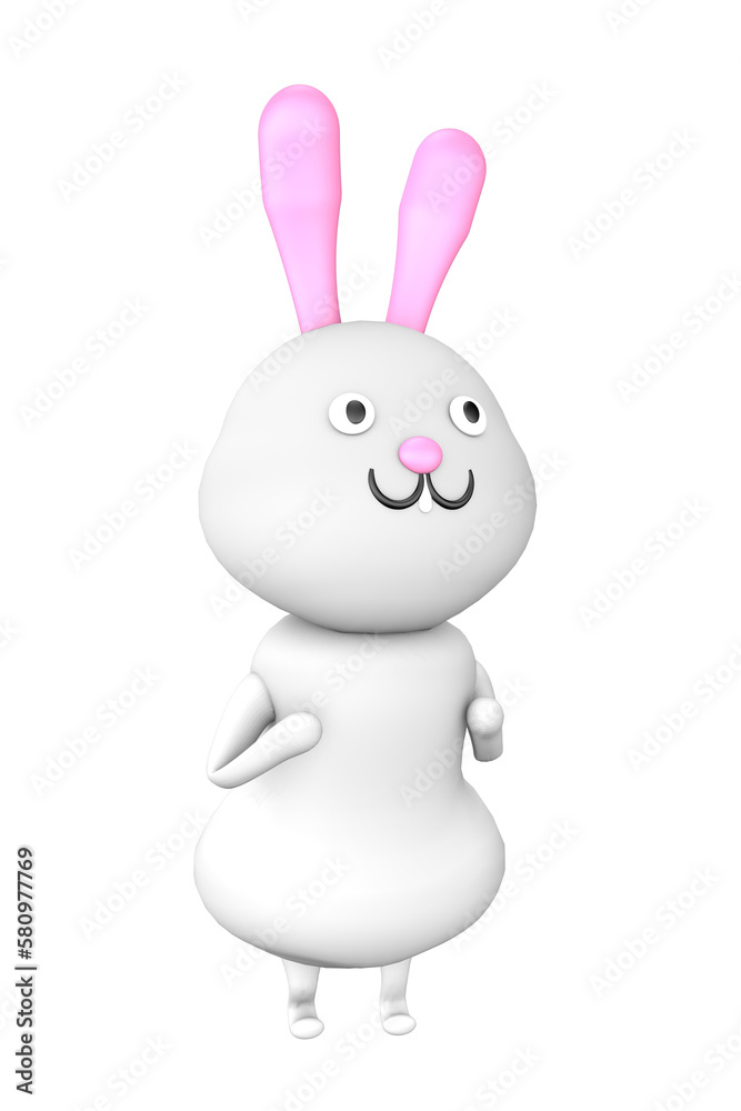 Cute white rabbit with pink ears in a dancer's pose isolated on a transparent background in PNG format. 3D render. Cute white rabbit with pink ears in a dancer's pose isolated on a transparent background in PNG format. 3D render.