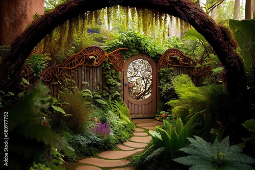 Fairy House Whimsical Fern Lush Green Earth Garden Warden Rock Stone Background Scene photo