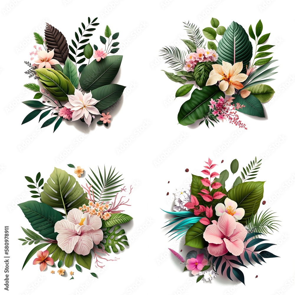 Flower Bouquet Summer Tropical Leaves White Background, Fresh Spring Field Flowers Created With Generative Ai Technology