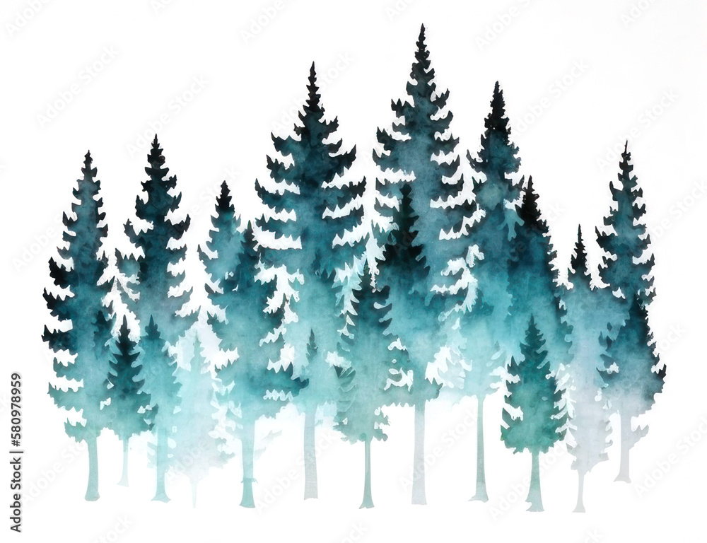 Obraz premium Watercolor silhouette of a pine forest. AI generative.