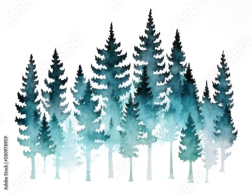 Watercolor silhouette of a pine forest. AI generative.