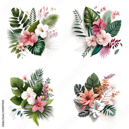 Flower Bouquet Summer Tropical Leaves White Background, Beautiful Flowers on White Background Created With Generative Ai Technology © Supermarket Flowers