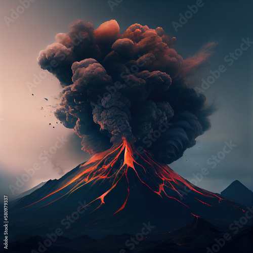 Erupting volcano against dark sky, stock illustration