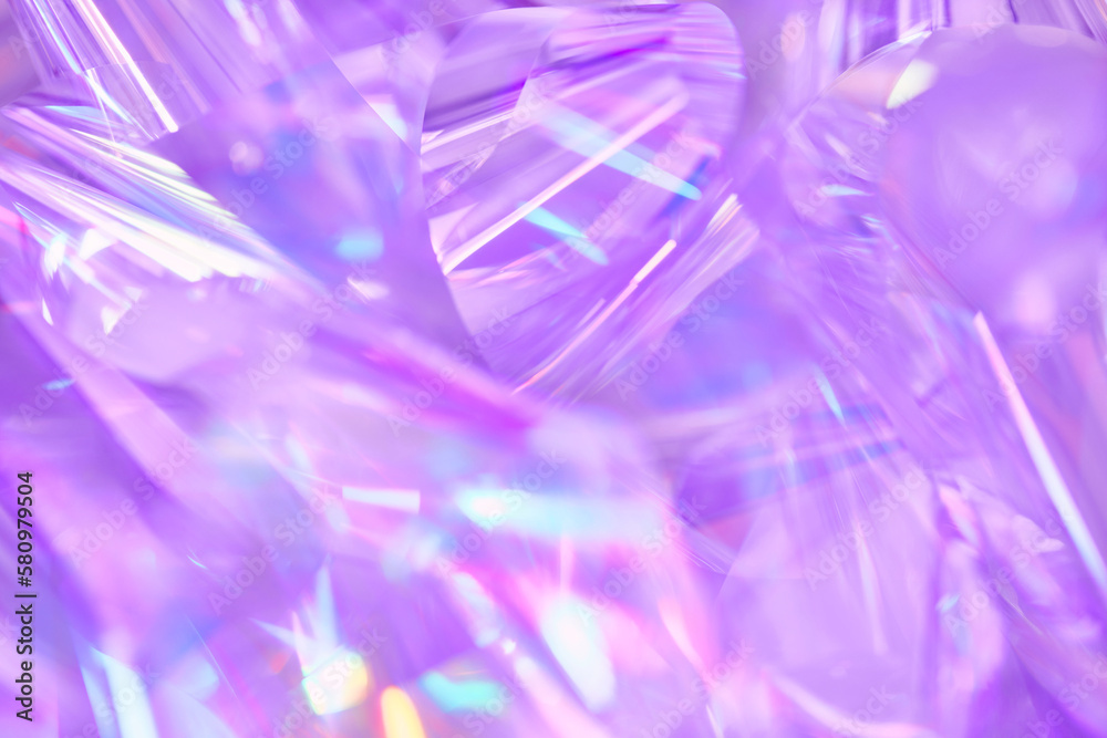 Close-up of ethereal pastel neon blue, purple, lavender, pink holographic metallic foil background. Abstract modern curved blurred surreal futuristic disco, rave, techno, festive dreamlike backdrop - obrazy, fototapety, plakaty 