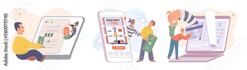 Hacker activity. Hacking computer. Phishing account, steal data, cyber attack. Stealing password. Cyber crime, theft personal information, cyber security spy access. Internet fraud scenes set metaphor