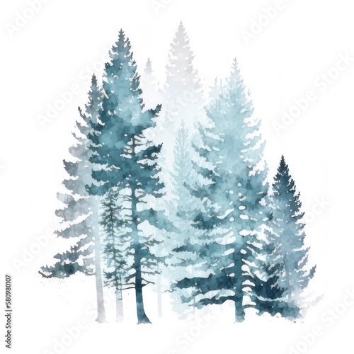 Watercolor silhouette of a pine forest in the fog. AI generative.