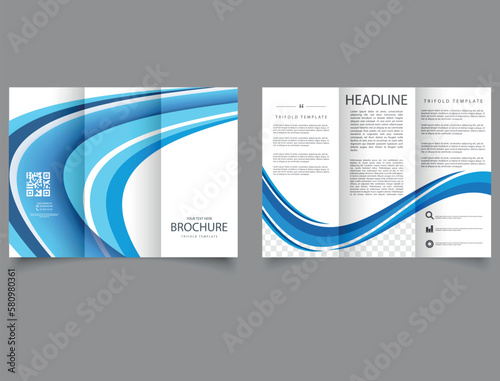 Trifold brochure with blue blurred waves. Vector graphics.