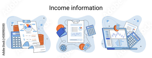 Income information vector set, business profitability indicator, entrepreneurial activity and accounting. Registration of claim form document, providing personal information, financial report for tax