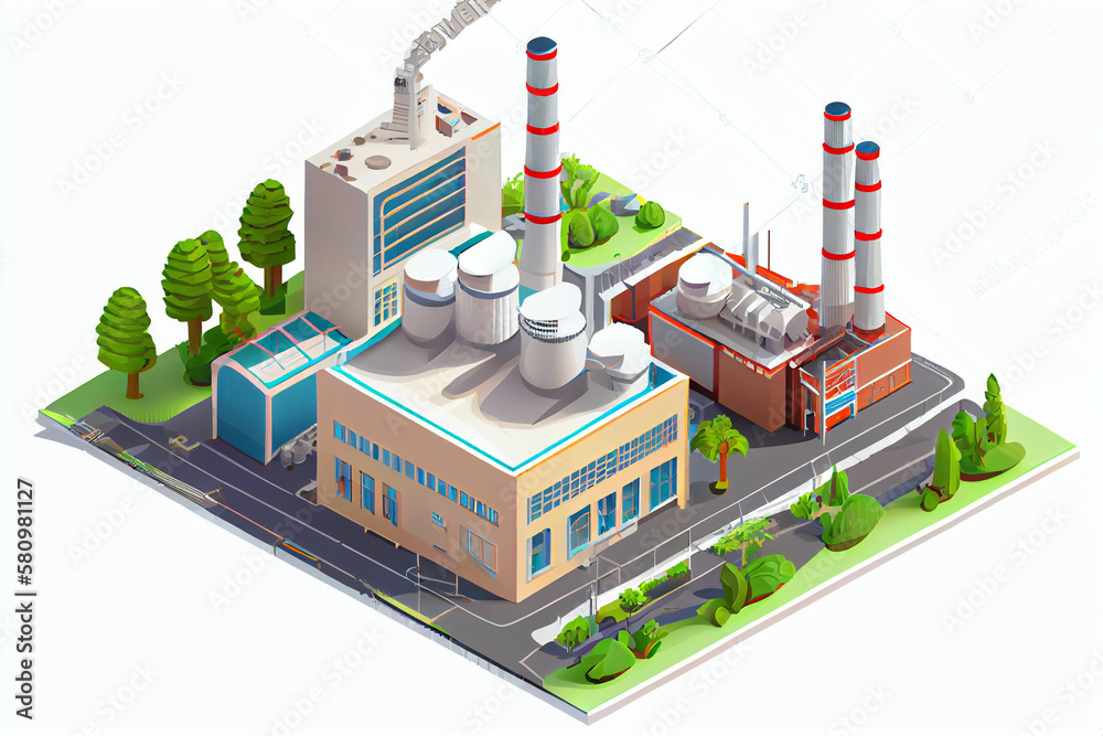 Fototapeta premium Geothermal power station of clean electrical energy with chimneys industrial buildings and power line supports isometric concept