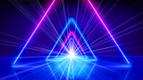 Glowing neon lines, tunnel, abstract technological background, virtual reality. Pink blue purple neon triangular corridor, perspective. Ultraviolet bright glow. Design element, illustration