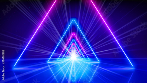 Glowing neon lines, tunnel, abstract technological background, virtual reality. Pink blue purple neon triangular corridor, perspective. Ultraviolet bright glow. Design element, illustration