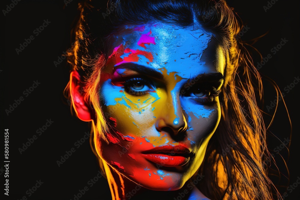 female eye with colorful makeup. Beautiful fashion model with creative artistic make-up. Abstract colorful makeup. Generative AI