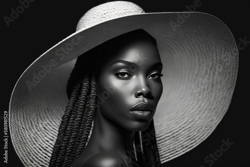 Beautiful African girl in a hat. black and white photo. beauty portrait. Generative AI