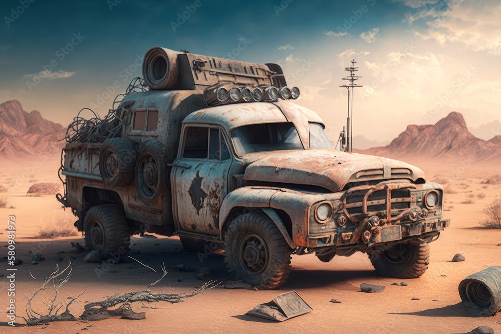 Generative AI of an old truck in the desert at sunset.