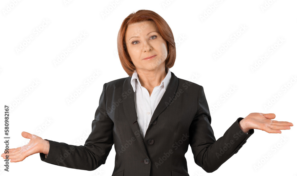 Adult businesswoman shrugs up gestures confusion Adult businesswoman shrugs up gestures confusion