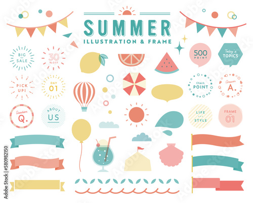 夏のシンプルなイラストとフレームのセット　フルーツ　リボン　吹き出し　飾り　装飾　太陽　枠　旗　8月