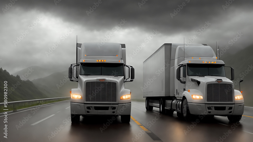 Trucks is driving on the road. Dark dramatic landscape as background, gloomy sky with rainy clouds, forest and hill. Generative AI.