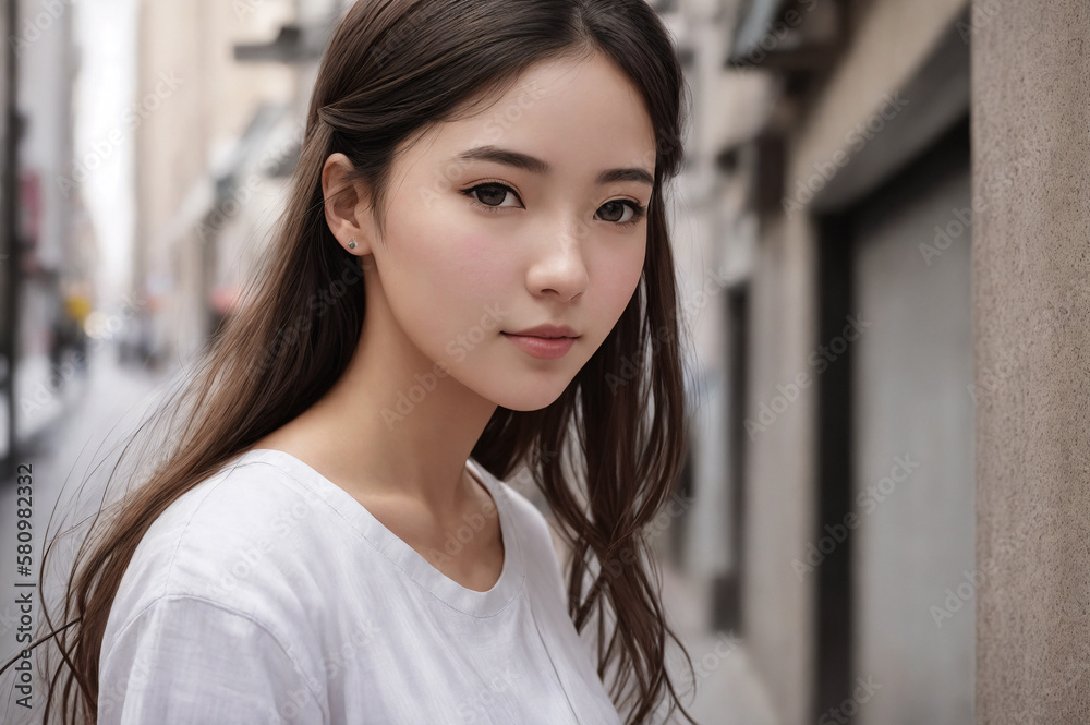 Portrait of a beautiful woman on a background of city street and sakura blossoms. Generative AI. Portrait of a beautiful woman on a background of city street and sakura blossoms. Generative AI.
