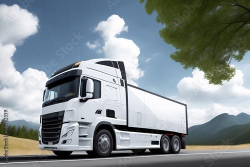 A white truck is driving on the road. Clean and empty space in the side view. Beautiful summer landscape as background, blue sky with clouds, forest and hill. Generative AI.