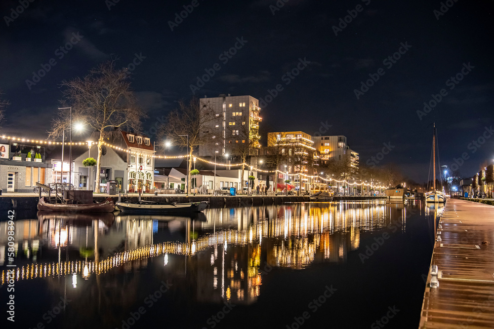 Tilburg, Piushaven by night, Noord-Brabant, Netherland, Long shutter, Lights, boot, 
