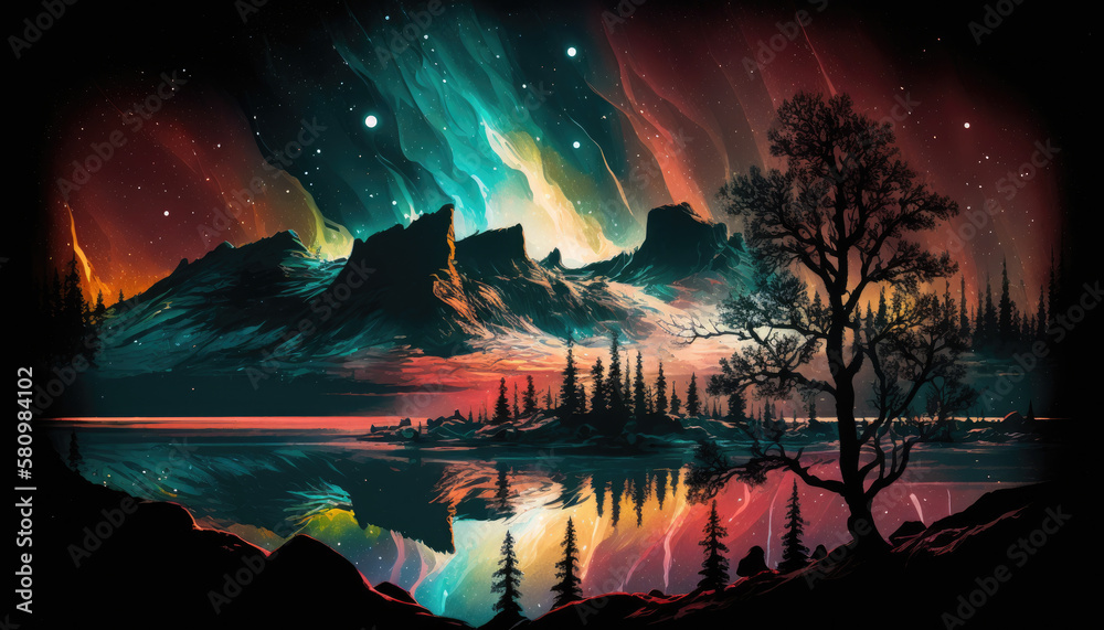 Northern Lights Landscape. Aurora borealis. Generative AI