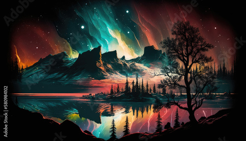 Northern Lights Landscape. Aurora borealis. Generative AI