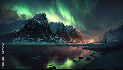 Northern Lights Landscape. Aurora borealis. Generative AI © Farnaces