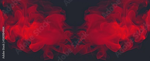 Red smoke on black background toned abstract graphic. Symmetrical AI illustration.