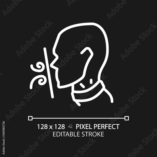 Suffocation pixel perfect white linear icon for dark theme. Breathing difficulties. Throat disease symptom. Asphyxia. Thin line illustration. Contour symbol. Vector outline drawing. Editable stroke