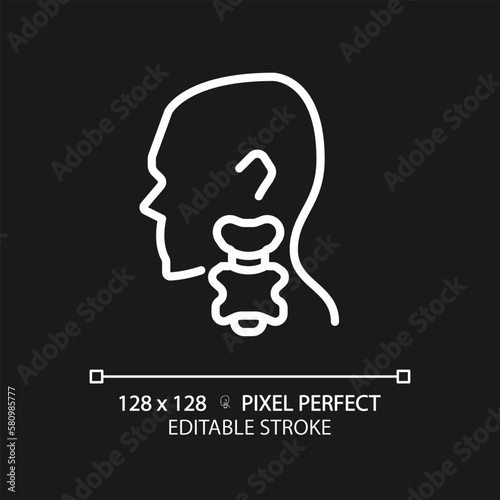 Thyroid pixel perfect white linear icon for dark theme. Butterfly shaped gland in throat. Hormones making organ. Thin line illustration. Contour symbol. Vector outline drawing. Editable stroke