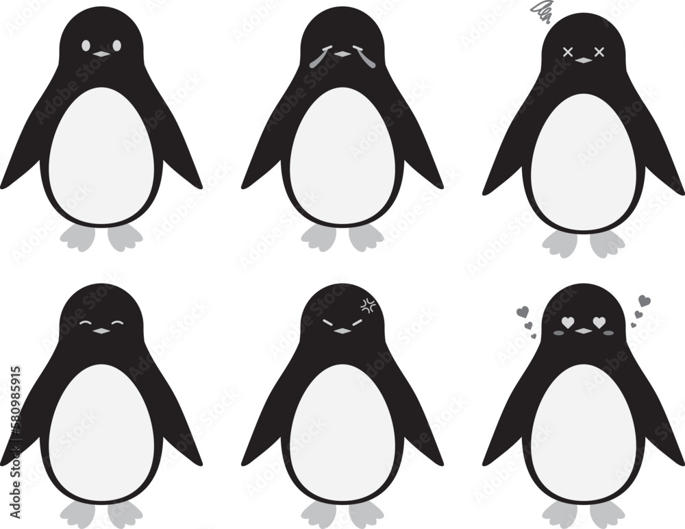 Obraz premium ゆるかわなペンギン6種セット グレースケール