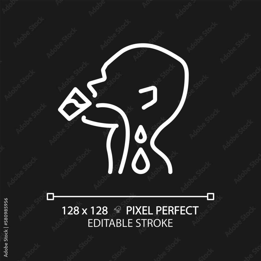 Drinking water pixel perfect white linear icon for dark theme. Liquid flowing down throat. Human body hydration. Thin line illustration. Contour symbol. Vector outline drawing. Editable stroke Drinking water pixel perfect white linear icon for dark theme. Liquid flowing down throat. Human body hydration. Thin line illustration. Contour symbol. Vector outline drawing. Editable stroke