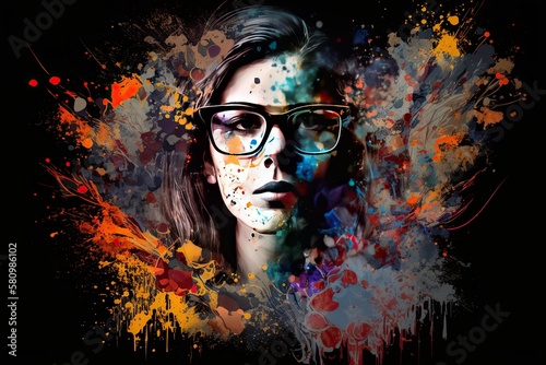 Beautiful brunette woman wearing glasses. Abstract colors. Generative AI
